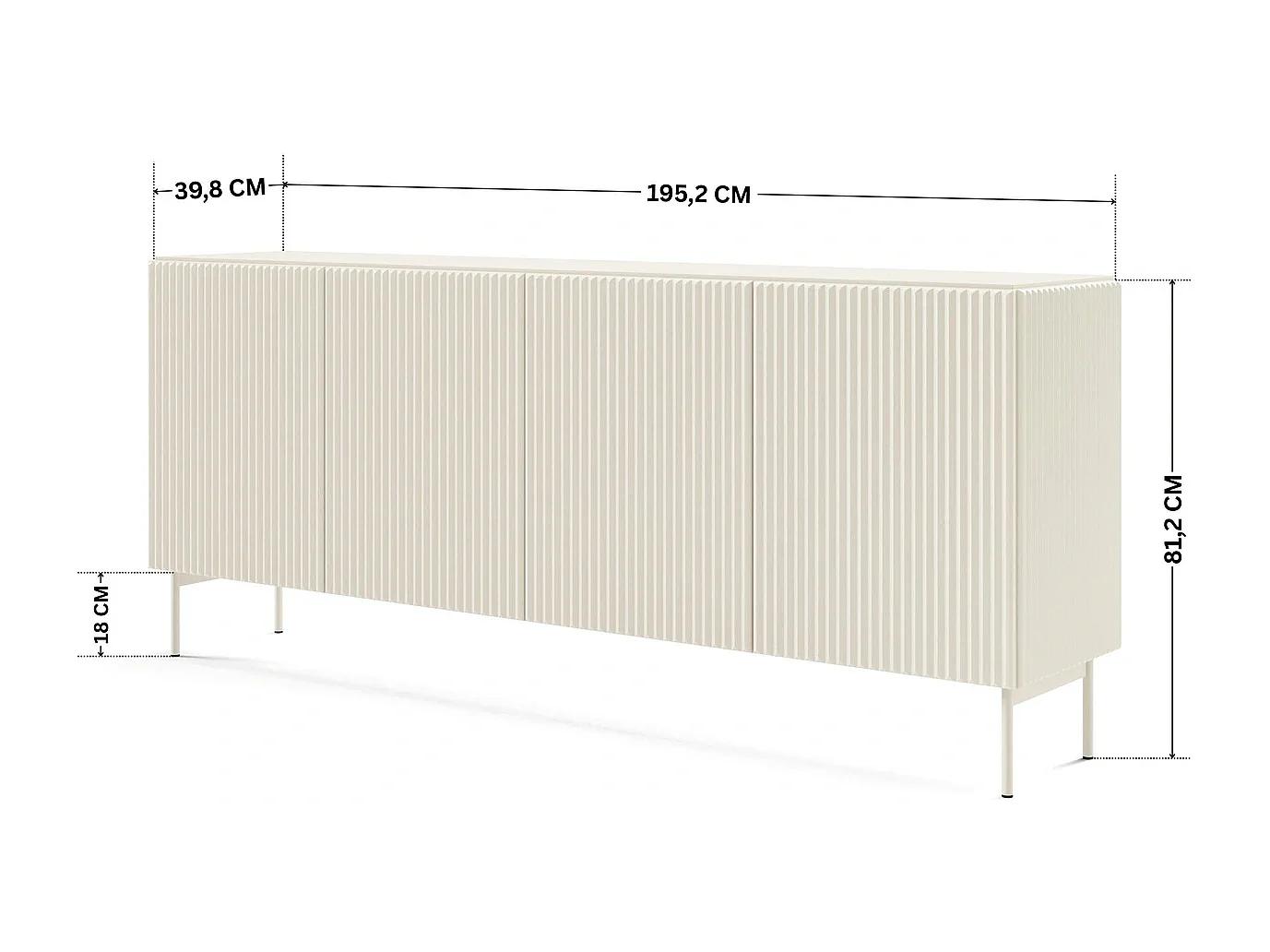 Dressoir breed MUTI 195 cm - Kasjmier Kleur, Geribbelde Fronten en Push-to-Open