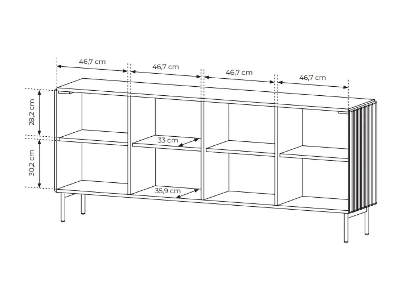 Dressoir breed MUTI 195 cm - Kasjmier Kleur, Geribbelde Fronten en Push-to-Open