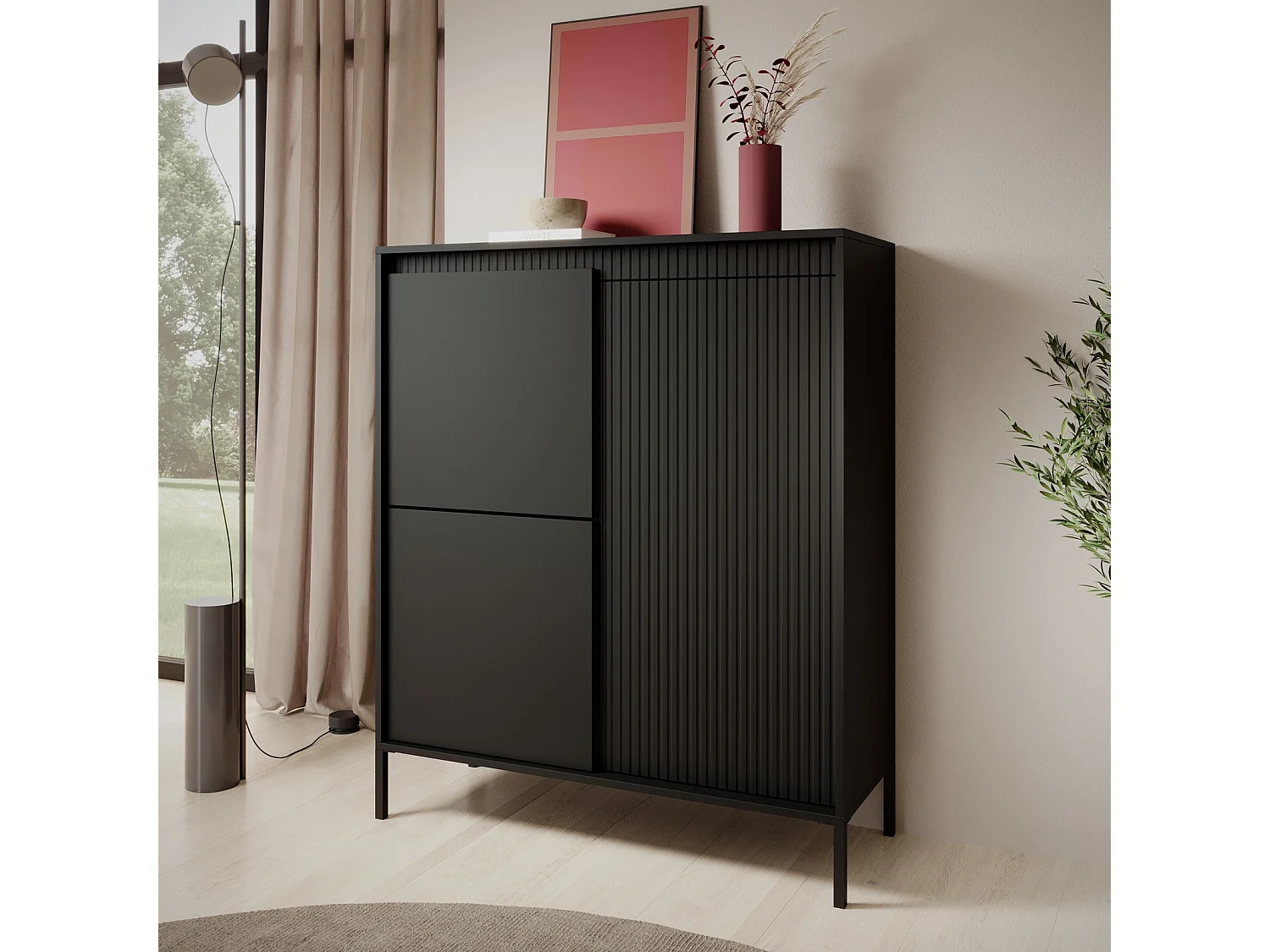 Buffet Haut Highboard Ferrato A 104 cm avec 3 Portes, Façades Cannelées et Pieds en Métal - Noir Mat