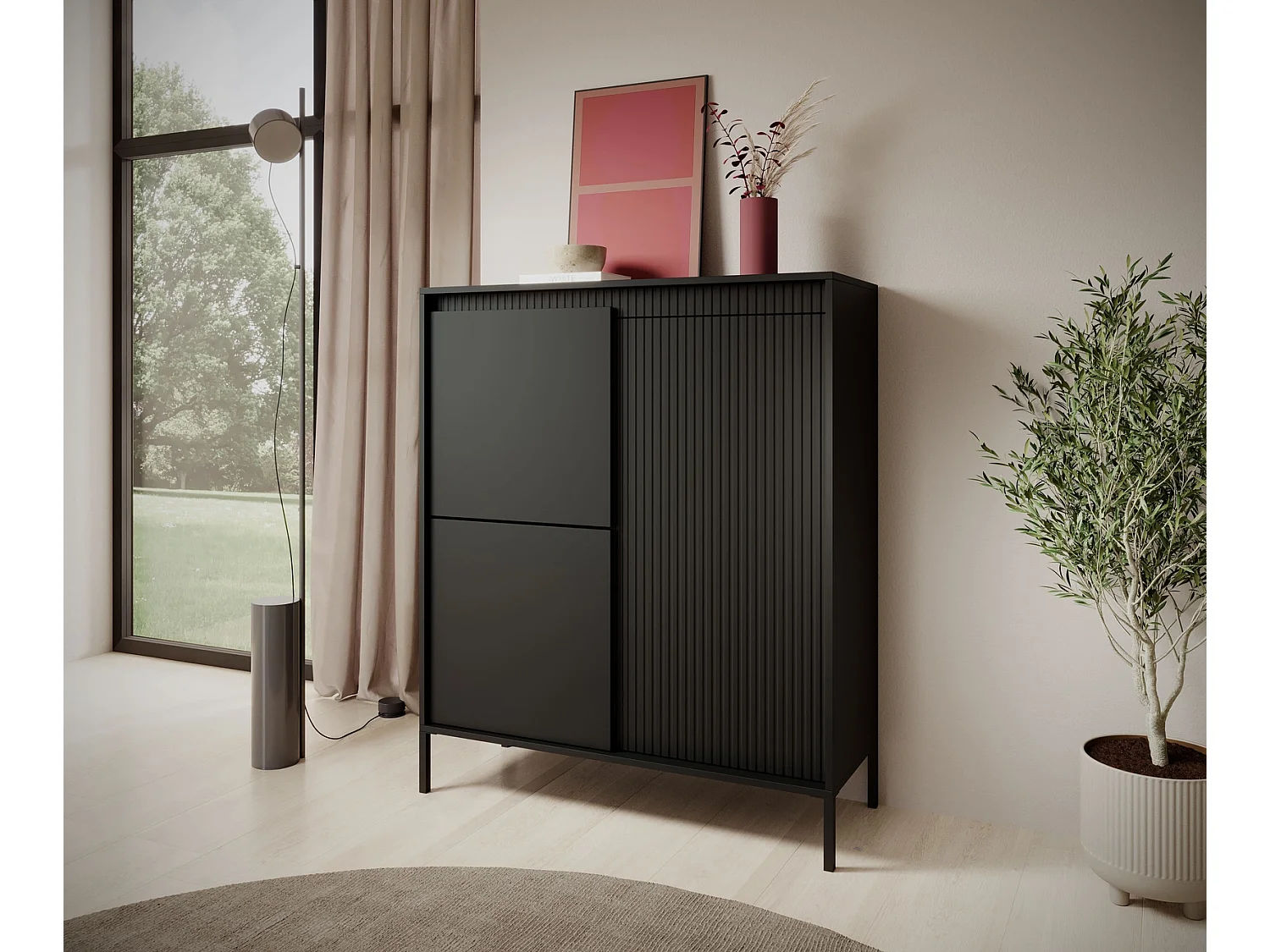 Buffet Haut Highboard Ferrato A 104 cm avec 3 Portes, Façades Cannelées et Pieds en Métal - Noir Mat