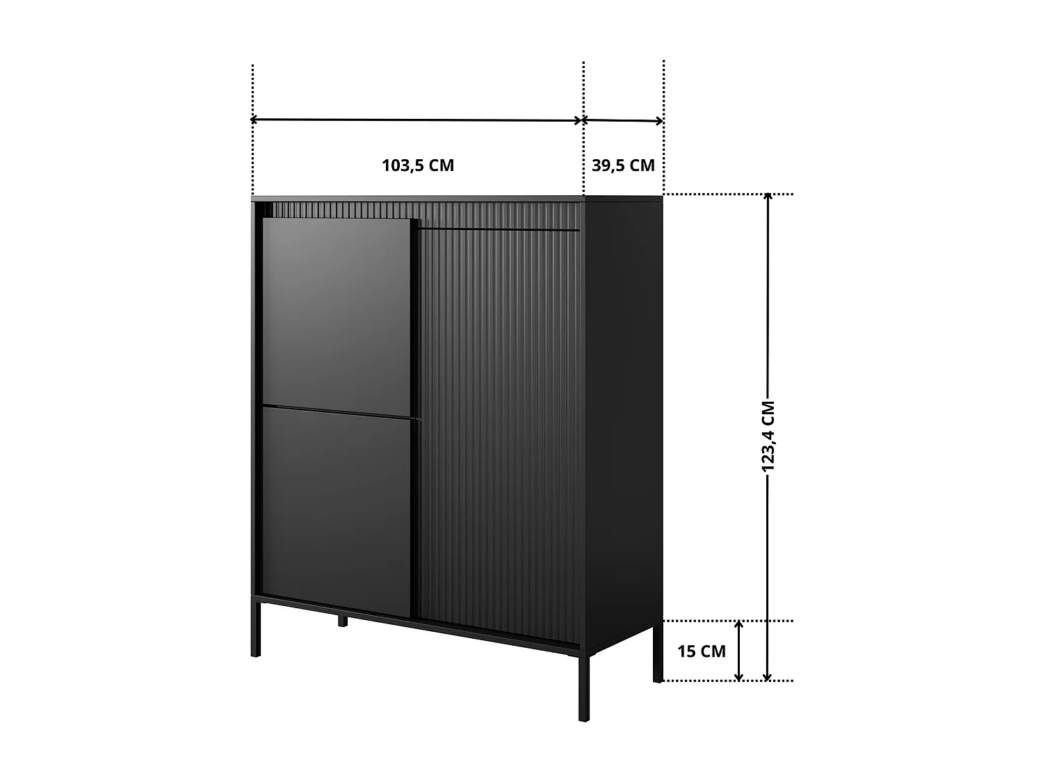 Buffet Haut Highboard Ferrato A 104 cm avec 3 Portes, Façades Cannelées et Pieds en Métal - Noir Mat