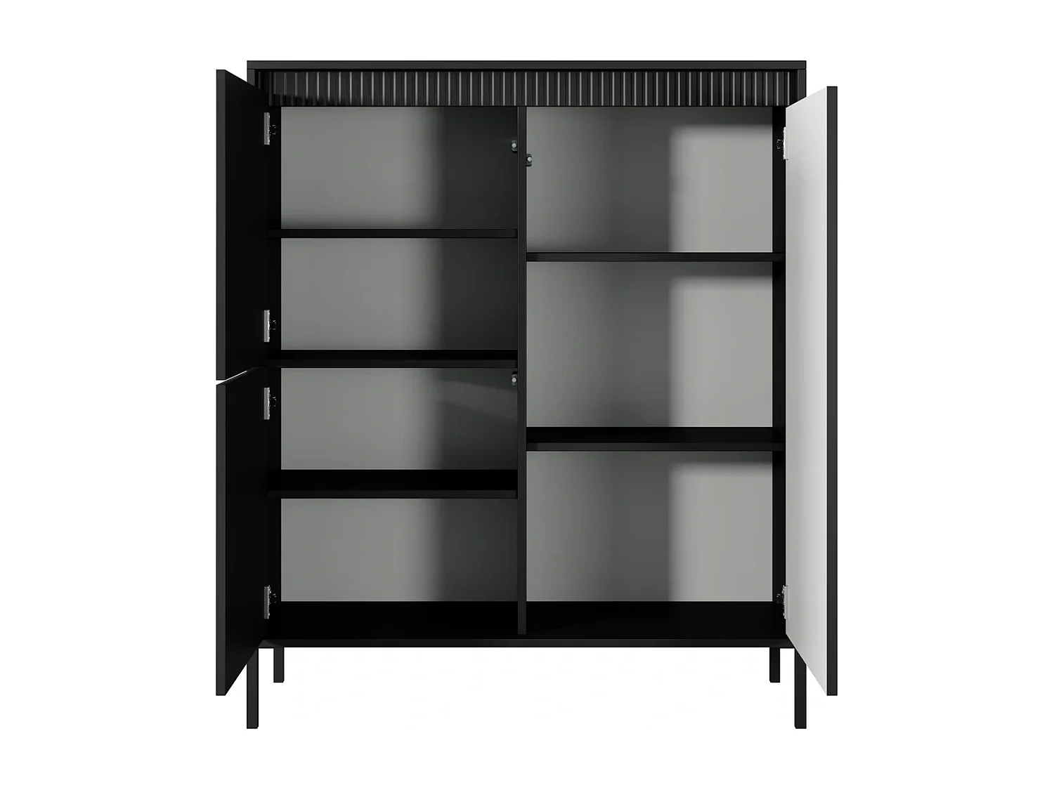 Buffet Haut Highboard Ferrato A 104 cm avec 3 Portes, Façades Cannelées et Pieds en Métal - Noir Mat