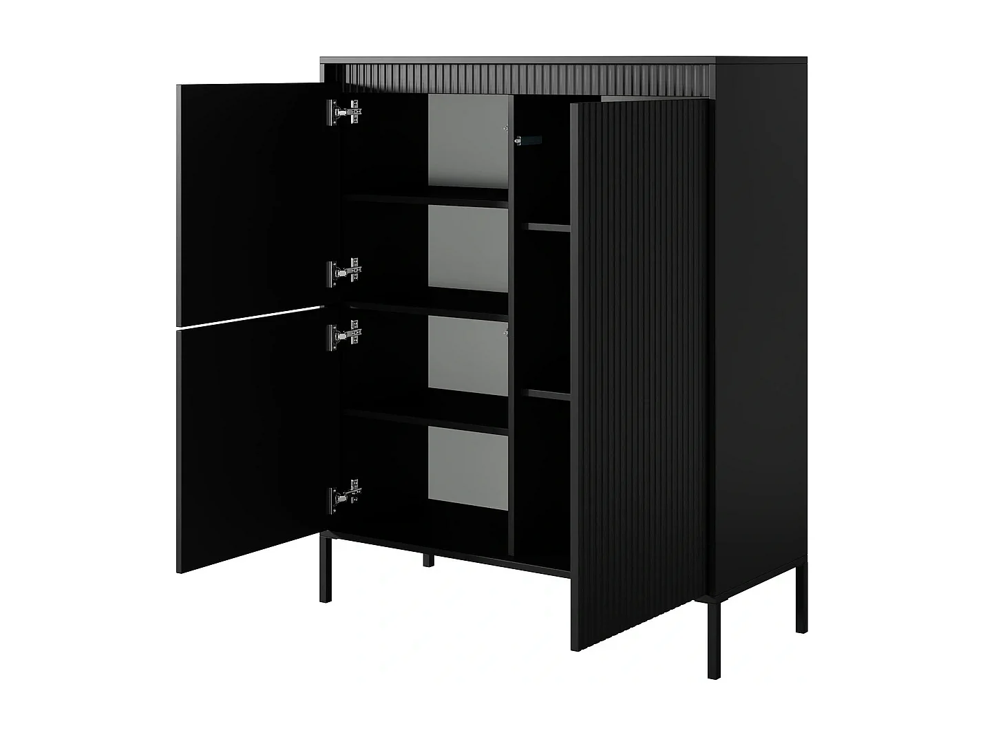 Buffet Haut Highboard Ferrato A 104 cm avec 3 Portes, Façades Cannelées et Pieds en Métal - Noir Mat