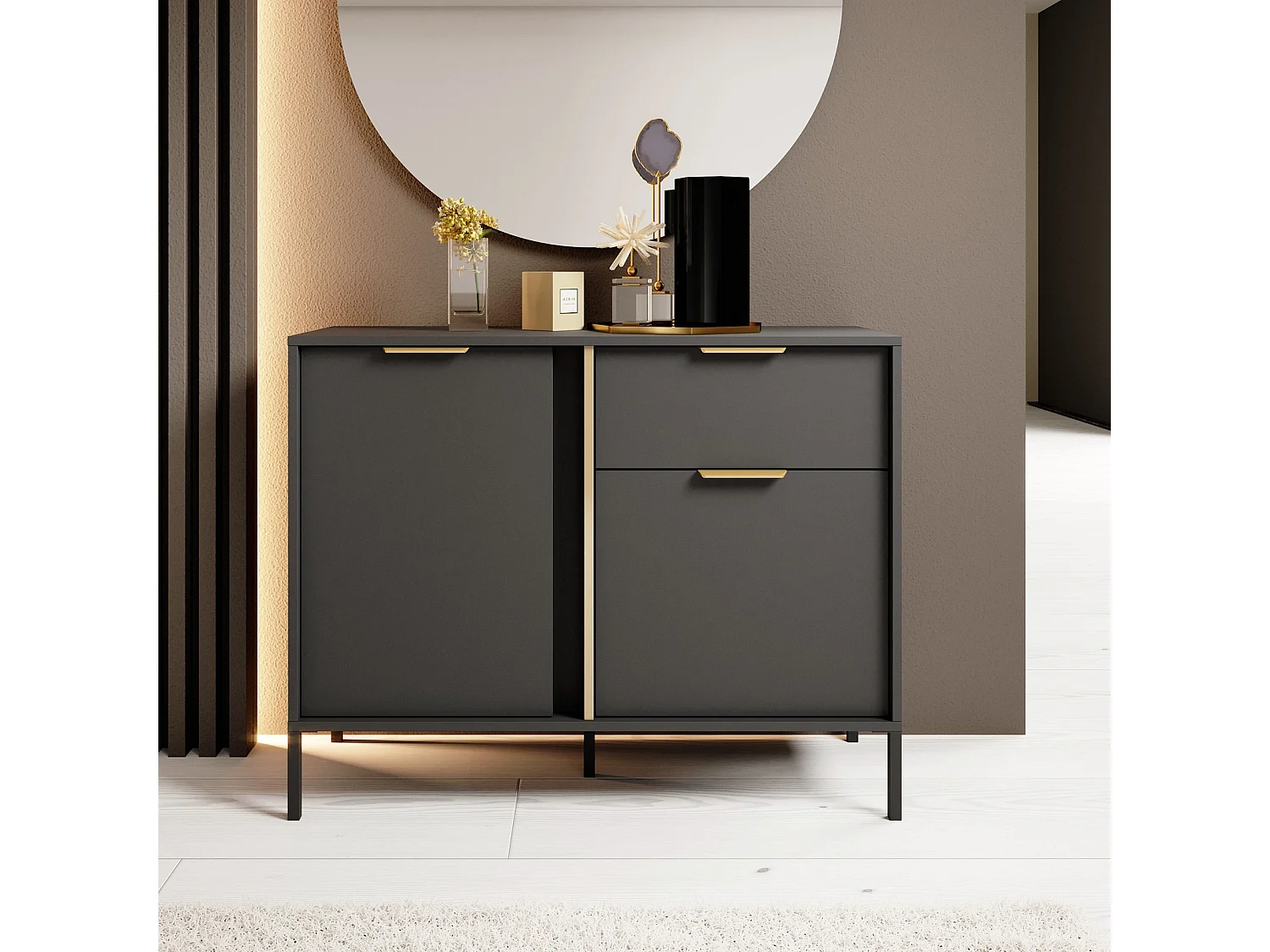 Dressoir Commode Valdi D 2 Deuren en 1 Lade met Gouden Details - Antraciet - 103 cm
