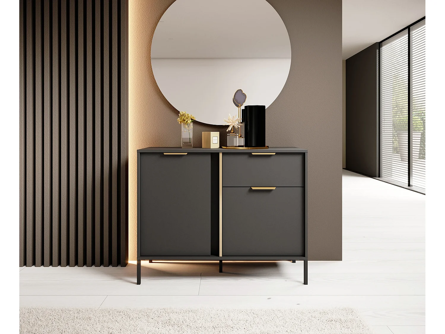 Dressoir Commode Valdi D 2 Deuren en 1 Lade met Gouden Details - Antraciet - 103 cm