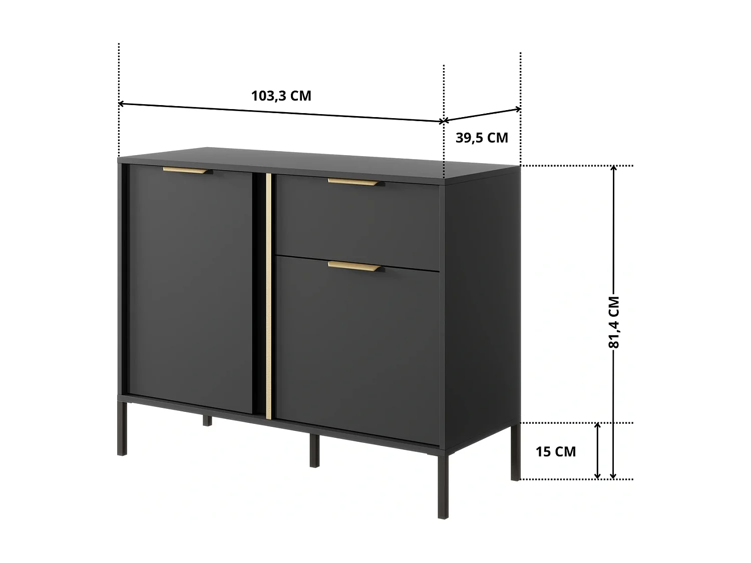 Dressoir Commode Valdi D 2 Deuren en 1 Lade met Gouden Details - Antraciet - 103 cm