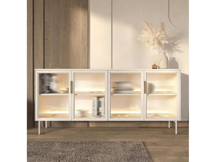 Dressoir breed LUMI 181 cm - Kasjmier Kleur, 4 Glazen Deuren (Geribbeld Glas) en LED