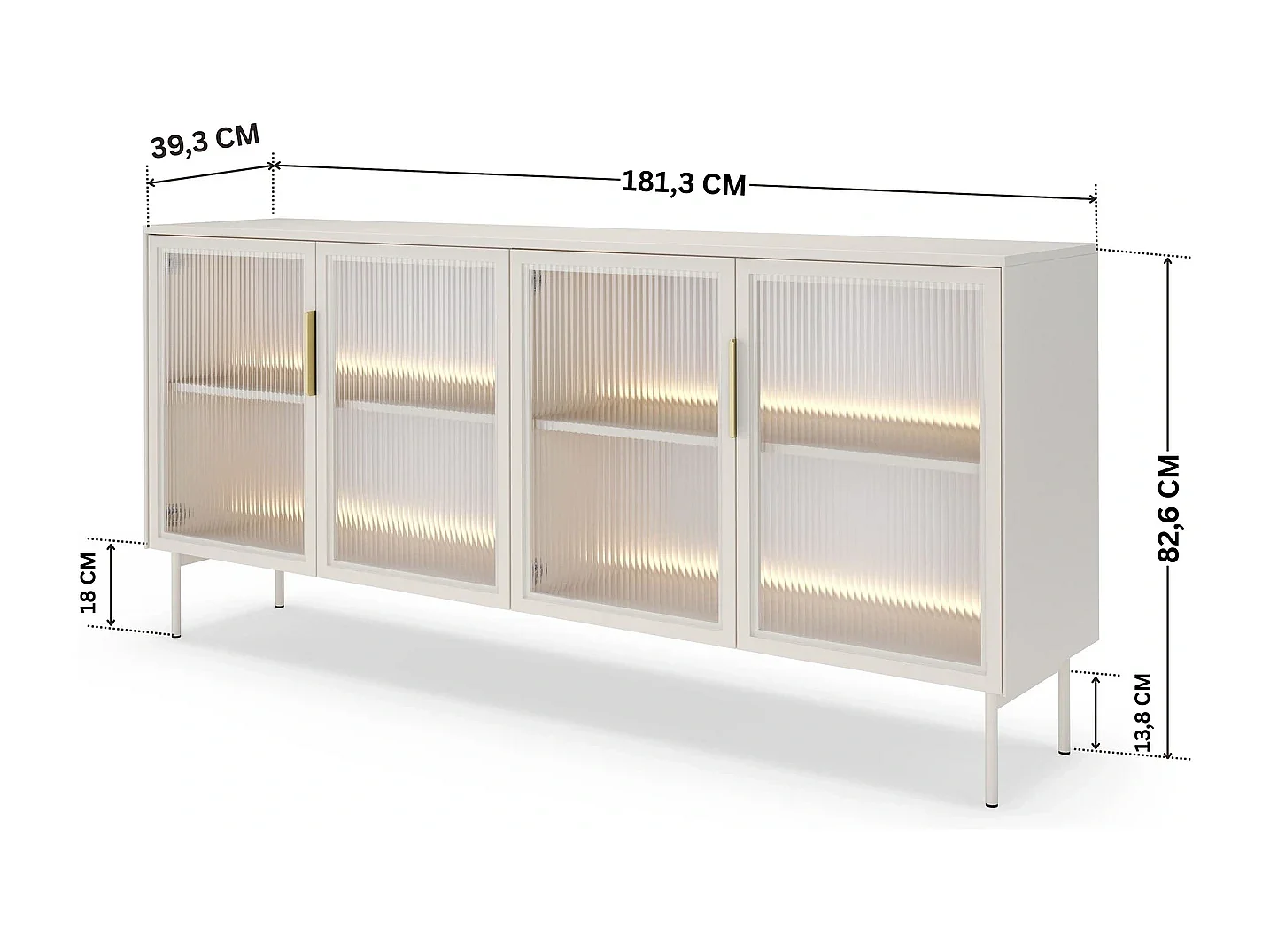 Dressoir breed LUMI 181 cm - Kasjmier Kleur, 4 Glazen Deuren (Geribbeld Glas) en LED