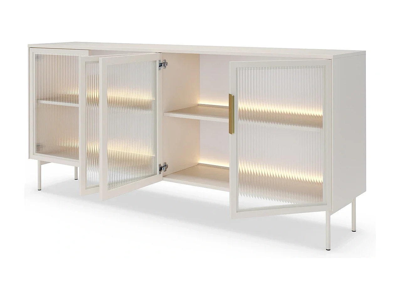 Dressoir breed LUMI 181 cm - Kasjmier Kleur, 4 Glazen Deuren (Geribbeld Glas) en LED