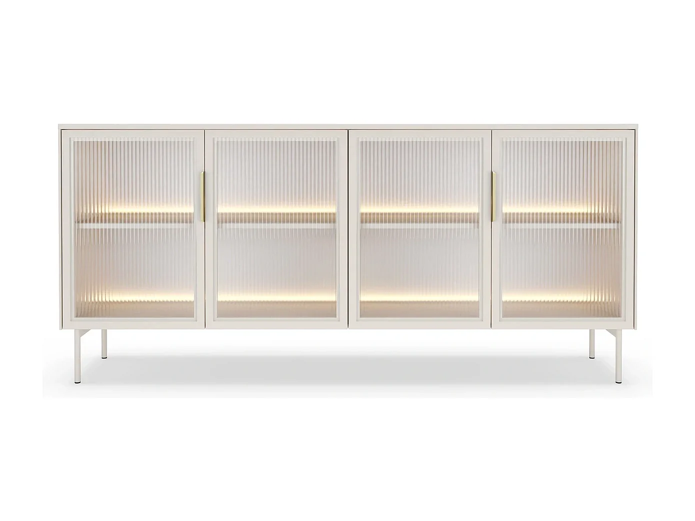 Dressoir breed LUMI 181 cm - Kasjmier Kleur, 4 Glazen Deuren (Geribbeld Glas) en LED