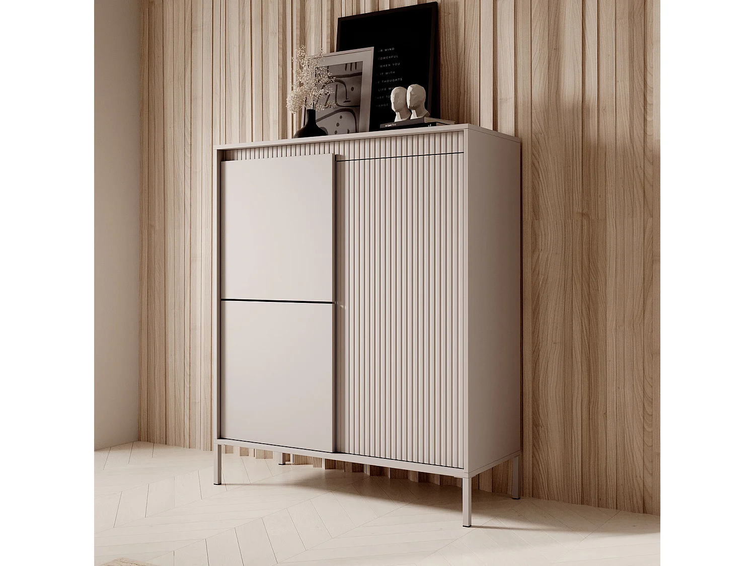 Buffet Haut Highboard Ferrato A 104 cm avec 3 Portes, Façades Cannelées et Pieds en Métal - Beige