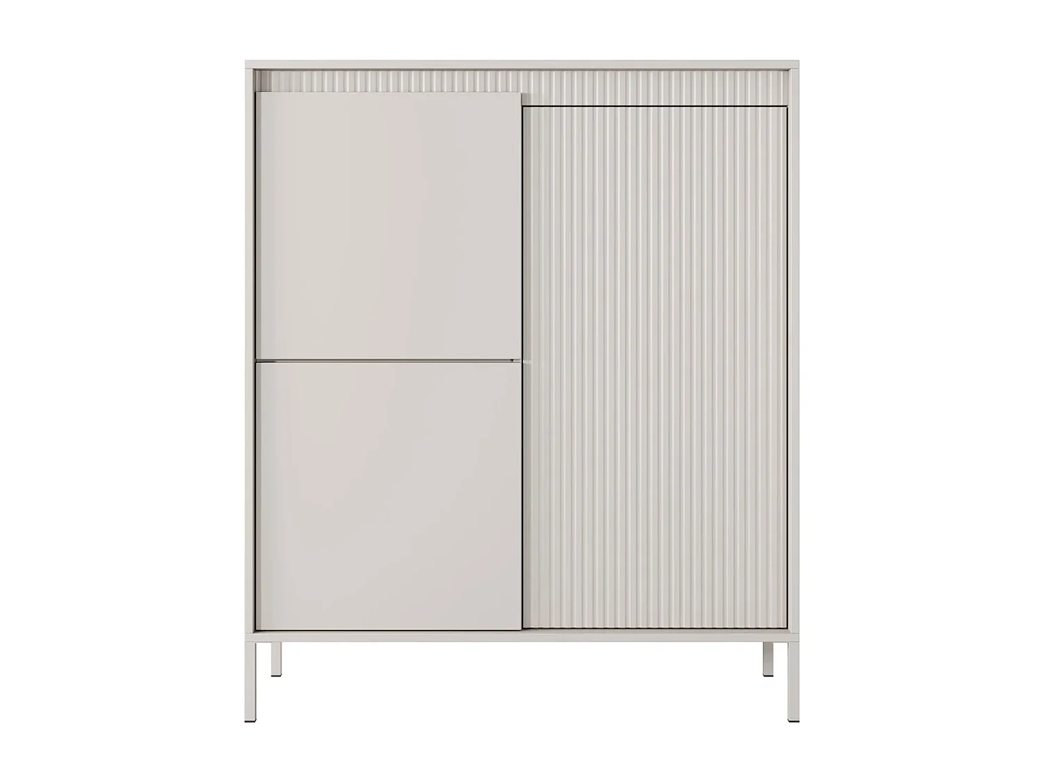 Buffet Haut Highboard Ferrato A 104 cm avec 3 Portes, Façades Cannelées et Pieds en Métal - Beige