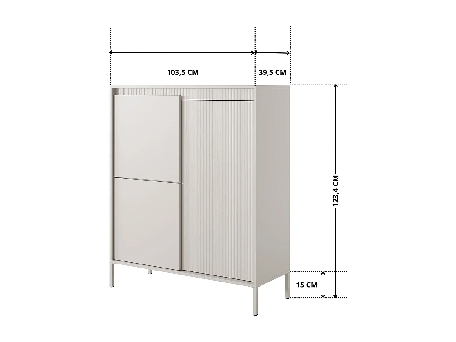 Buffet Haut Highboard Ferrato A 104 cm avec 3 Portes, Façades Cannelées et Pieds en Métal - Beige