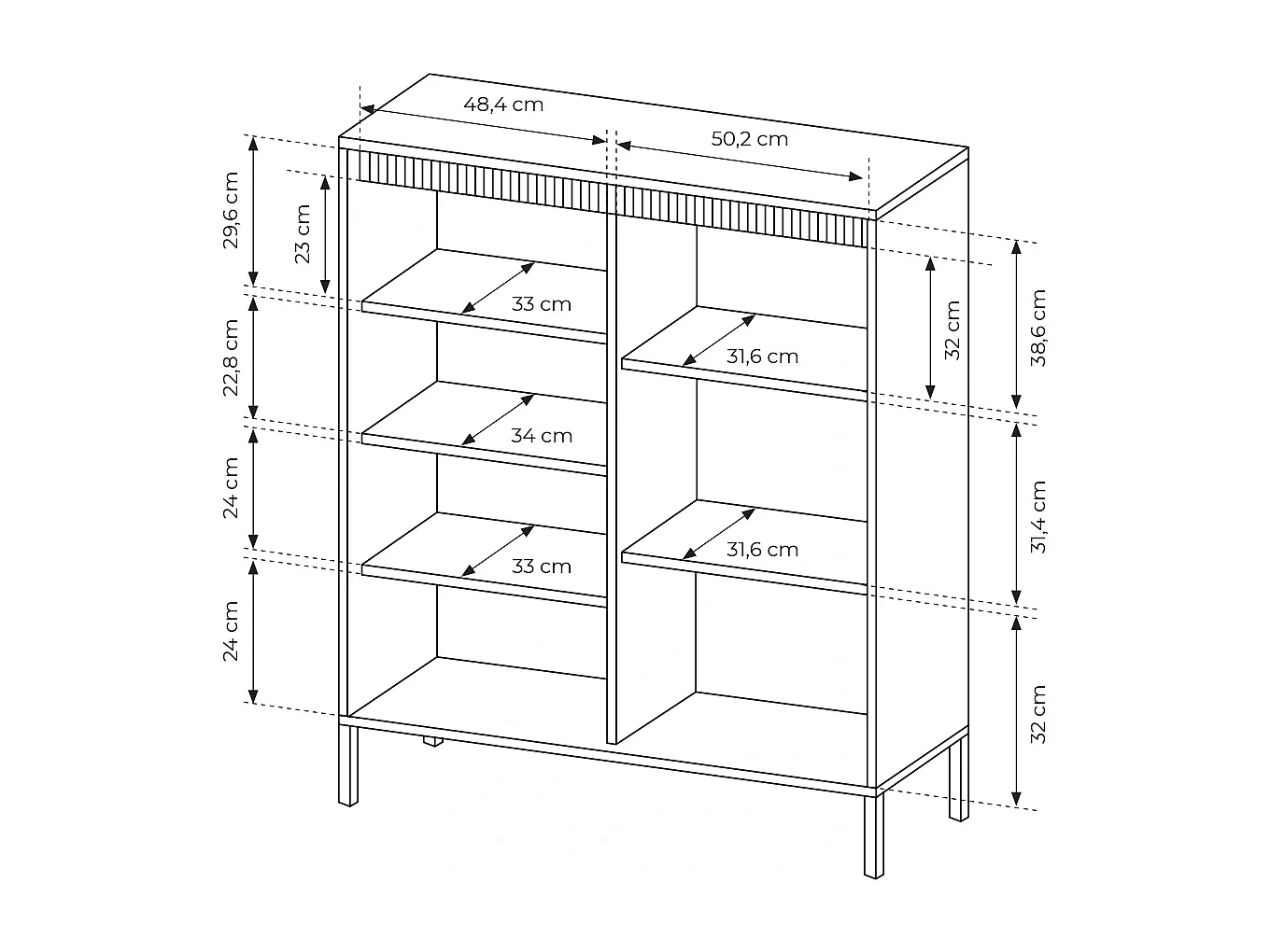 Buffet Haut Highboard Ferrato A 104 cm avec 3 Portes, Façades Cannelées et Pieds en Métal - Beige