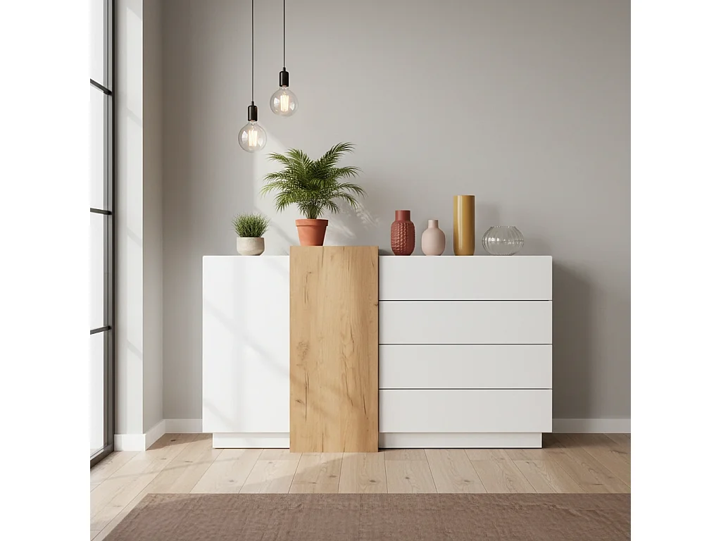 Commode Dressoir Viano F 160 cm met 2 Deuren en 4 Laden - Wit / Eiken Craft Goud