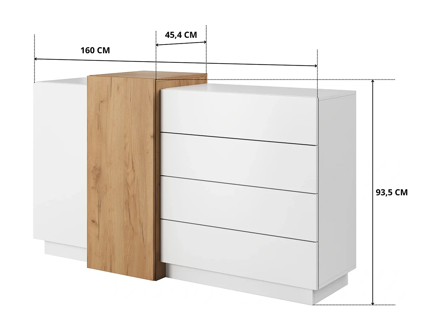 Commode Dressoir Viano F 160 cm met 2 Deuren en 4 Laden - Wit / Eiken Craft Goud