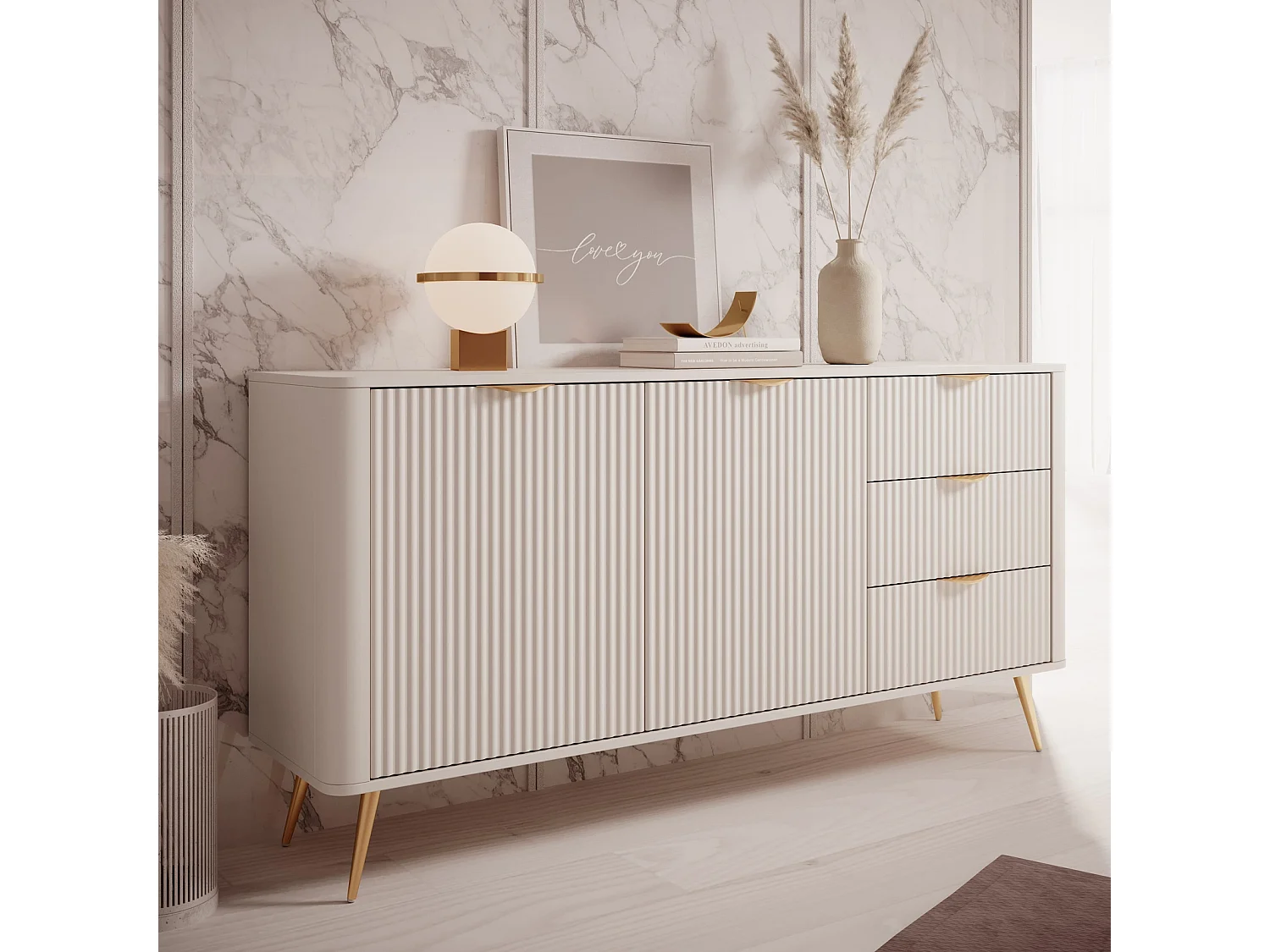 Dressoir Commode Flore 2D 3S met Geroffelde Fronten en Gouden Poten - Beige en Goud