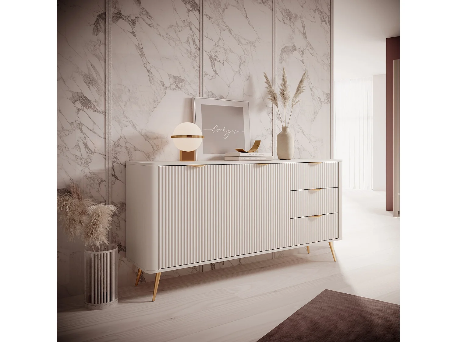 Dressoir Commode Flore 2D 3S met Geroffelde Fronten en Gouden Poten - Beige en Goud