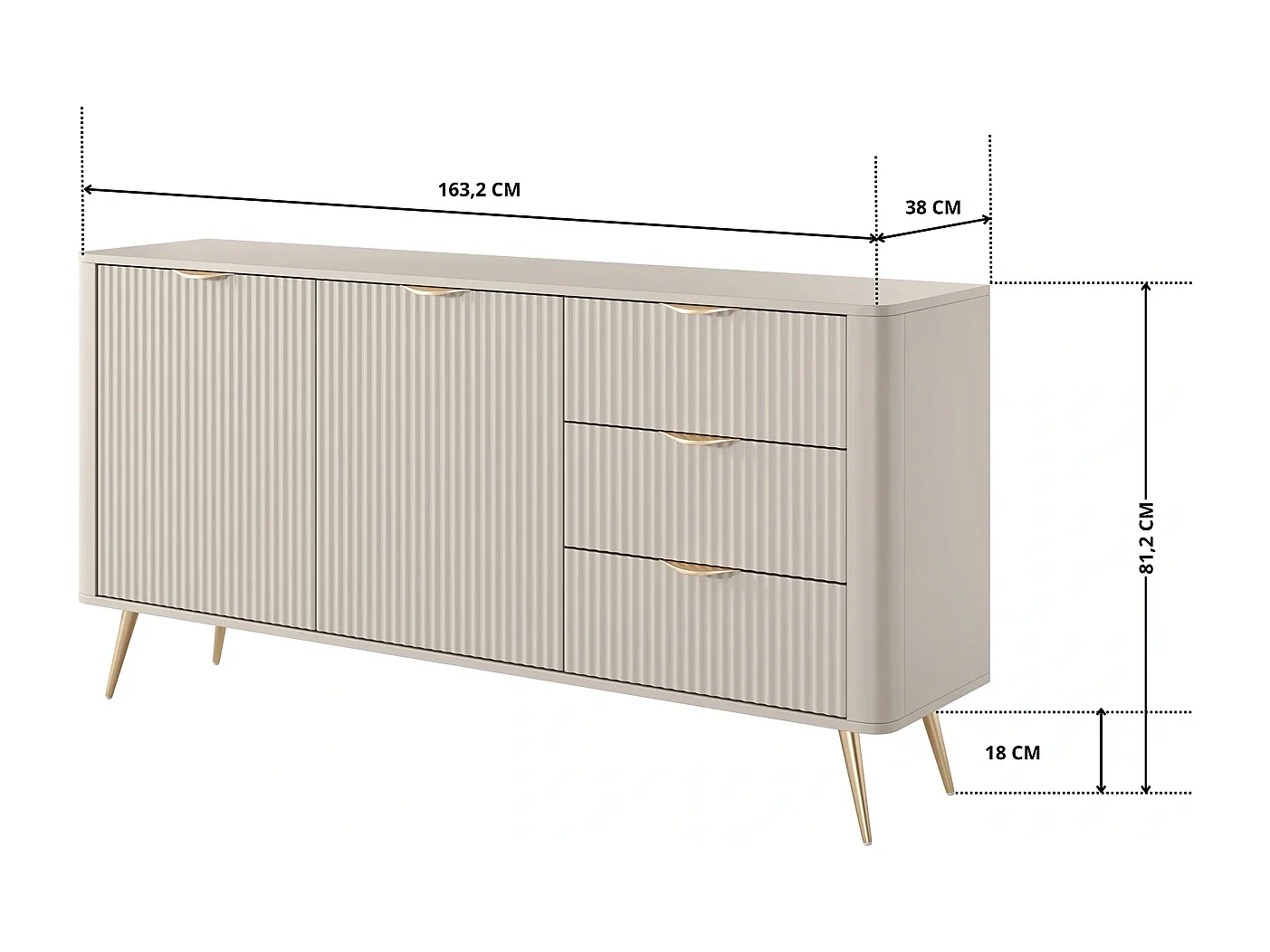 Dressoir Commode Flore 2D 3S met Geroffelde Fronten en Gouden Poten - Beige en Goud