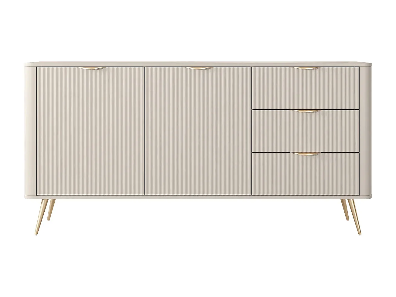 Dressoir Commode Flore 2D 3S met Geroffelde Fronten en Gouden Poten - Beige en Goud
