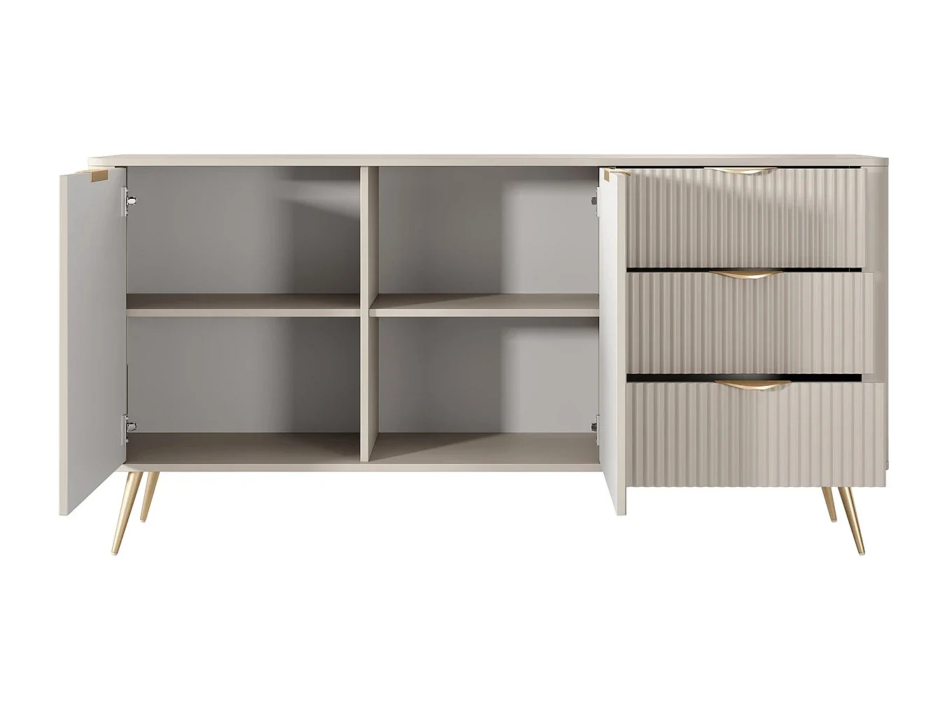 Dressoir Commode Flore 2D 3S met Geroffelde Fronten en Gouden Poten - Beige en Goud