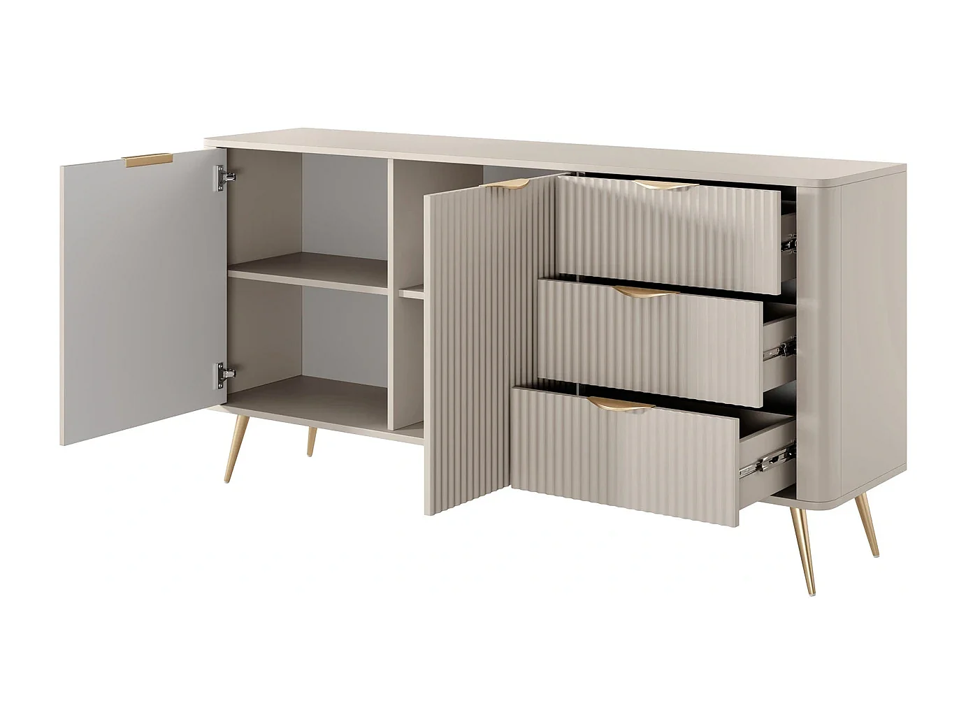 Dressoir Commode Flore 2D 3S met Geroffelde Fronten en Gouden Poten - Beige en Goud