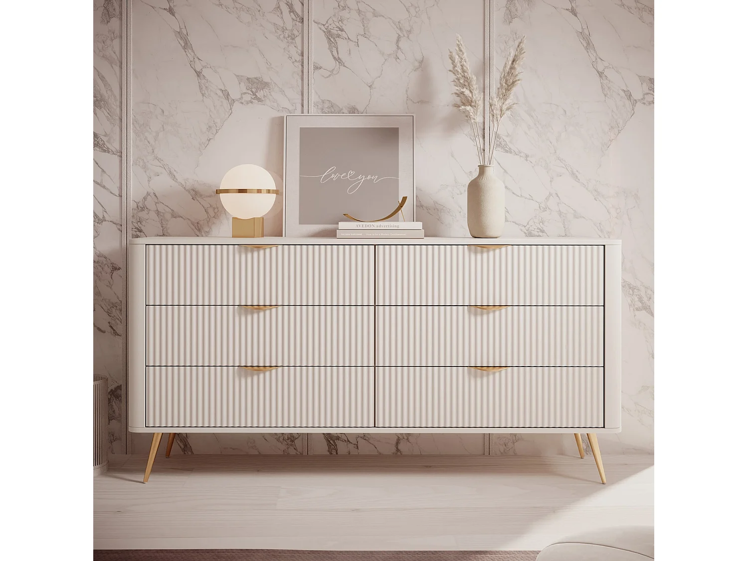 Dressoir Commode Flore 6S met Geroffelde Fronten en Gouden Poten - Beige en Goud