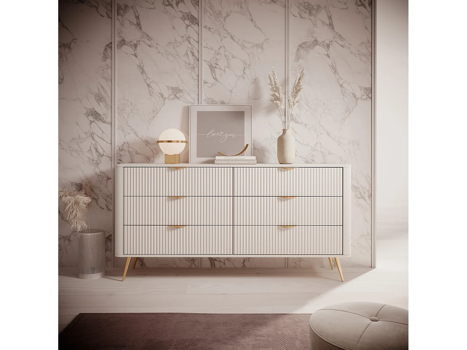 Dressoir Commode Flore 6S met Geroffelde Fronten en Gouden Poten - Beige en Goud