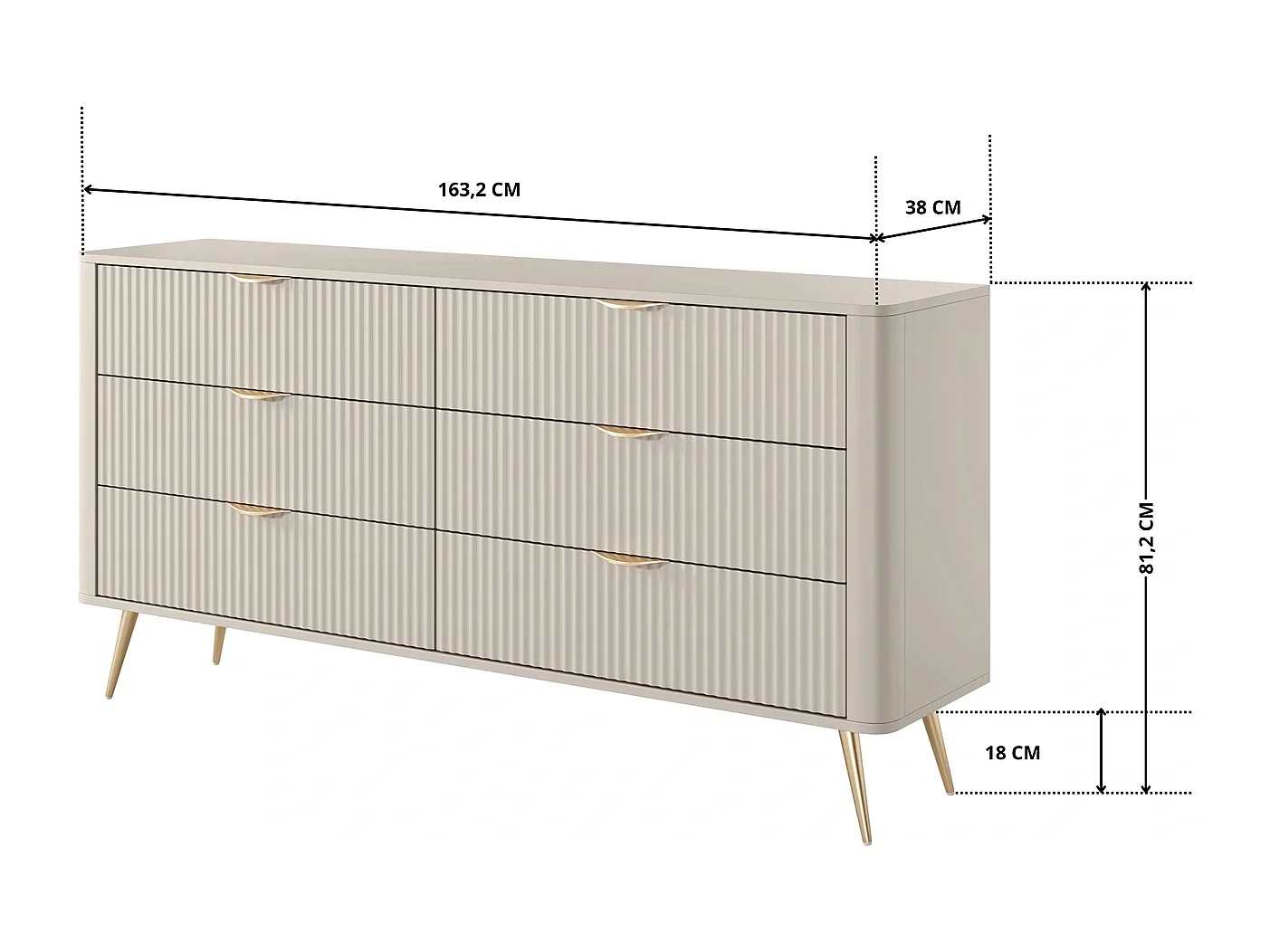 Dressoir Commode Flore 6S met Geroffelde Fronten en Gouden Poten - Beige en Goud