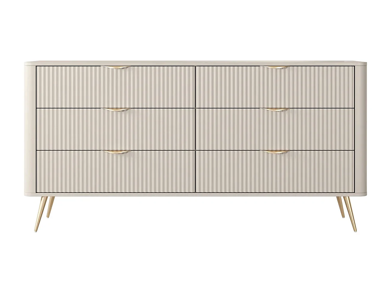 Dressoir Commode Flore 6S met Geroffelde Fronten en Gouden Poten - Beige en Goud