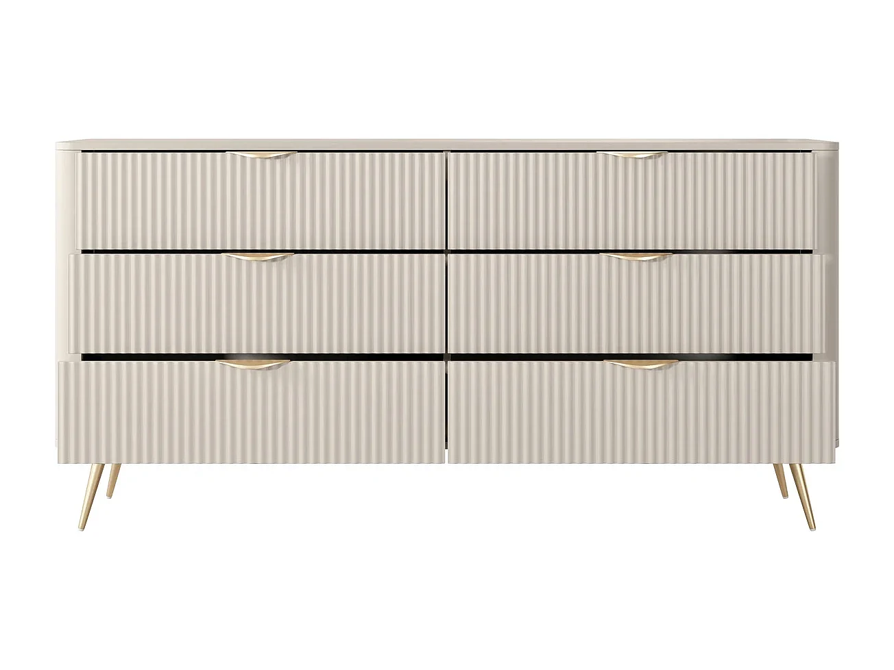 Dressoir Commode Flore 6S met Geroffelde Fronten en Gouden Poten - Beige en Goud