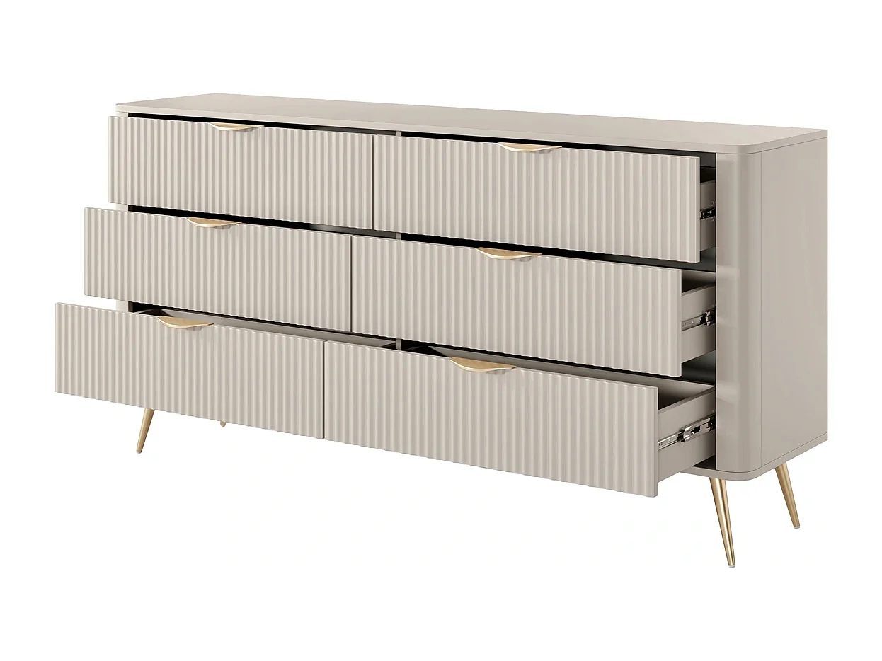Dressoir Commode Flore 6S met Geroffelde Fronten en Gouden Poten - Beige en Goud