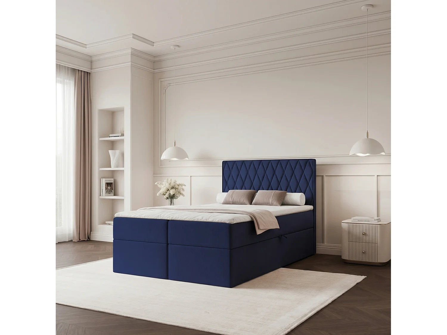 Lit Boxspring PONTI 120x200 cm avec 2 Coffres, Matelas et Matelassage Losanges Verticaux - Bleu Marine (Velours)