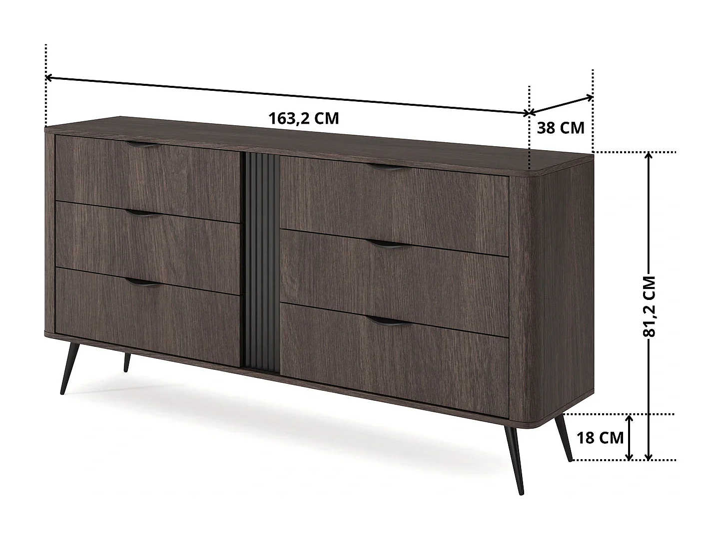 Dressoir Terzo 2D 3S met Laden en Geroffeld Decor - Eiken Dunin en Zwart