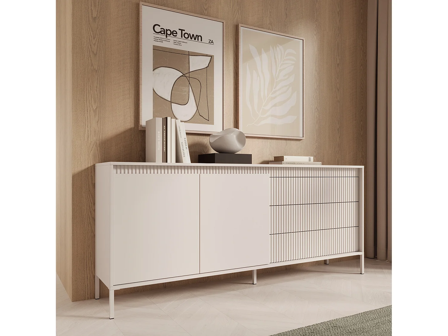 Dressoir XXL Ferrato C 187 cm met 2 Deuren en 3 Geroffelde Laden rechts - Beige