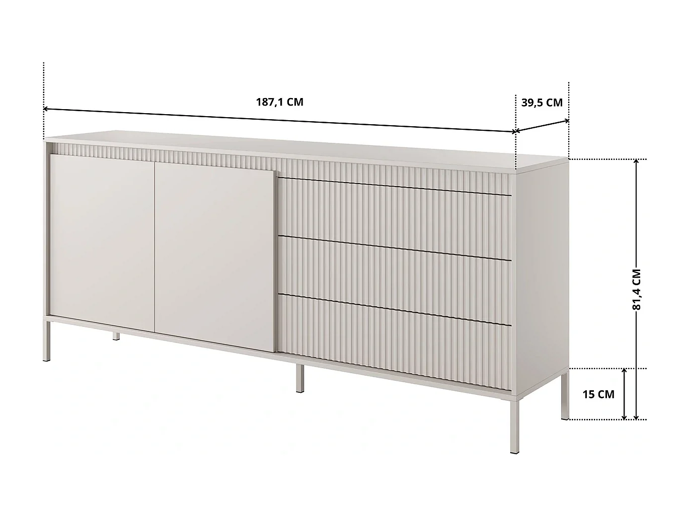 Dressoir XXL Ferrato C 187 cm met 2 Deuren en 3 Geroffelde Laden rechts - Beige
