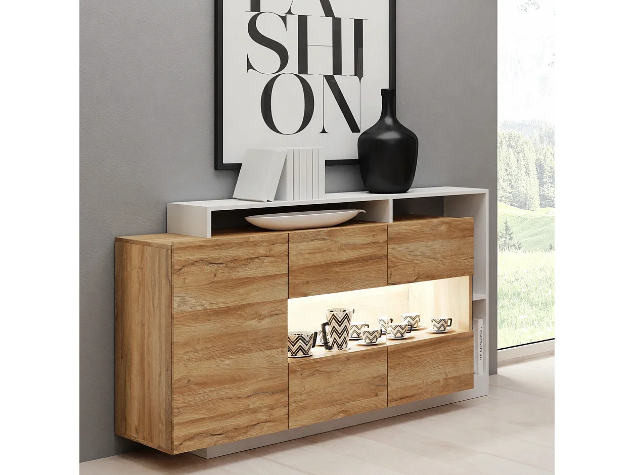 Sideboard Panzo mit LED-Beleuchtung - Eiche Grandson und Weiß