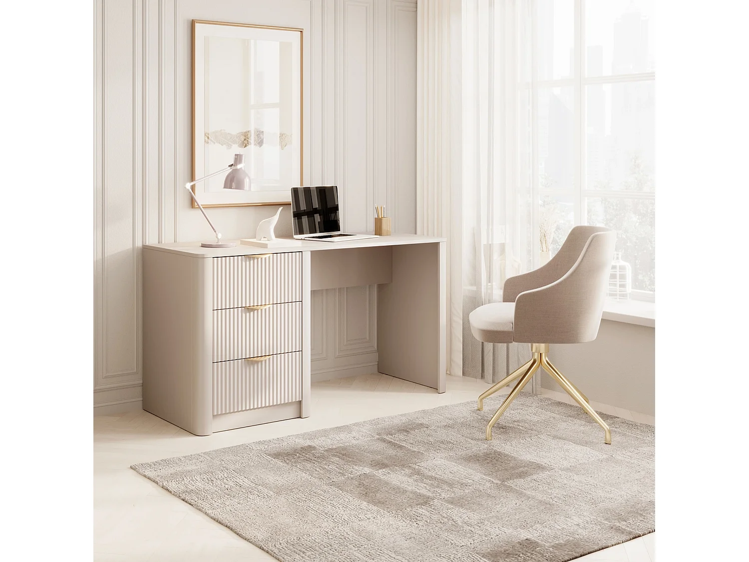 Bureau Flore met 3 Laden, Geroffelde Fronten en Gouden Details - Beige en Goud