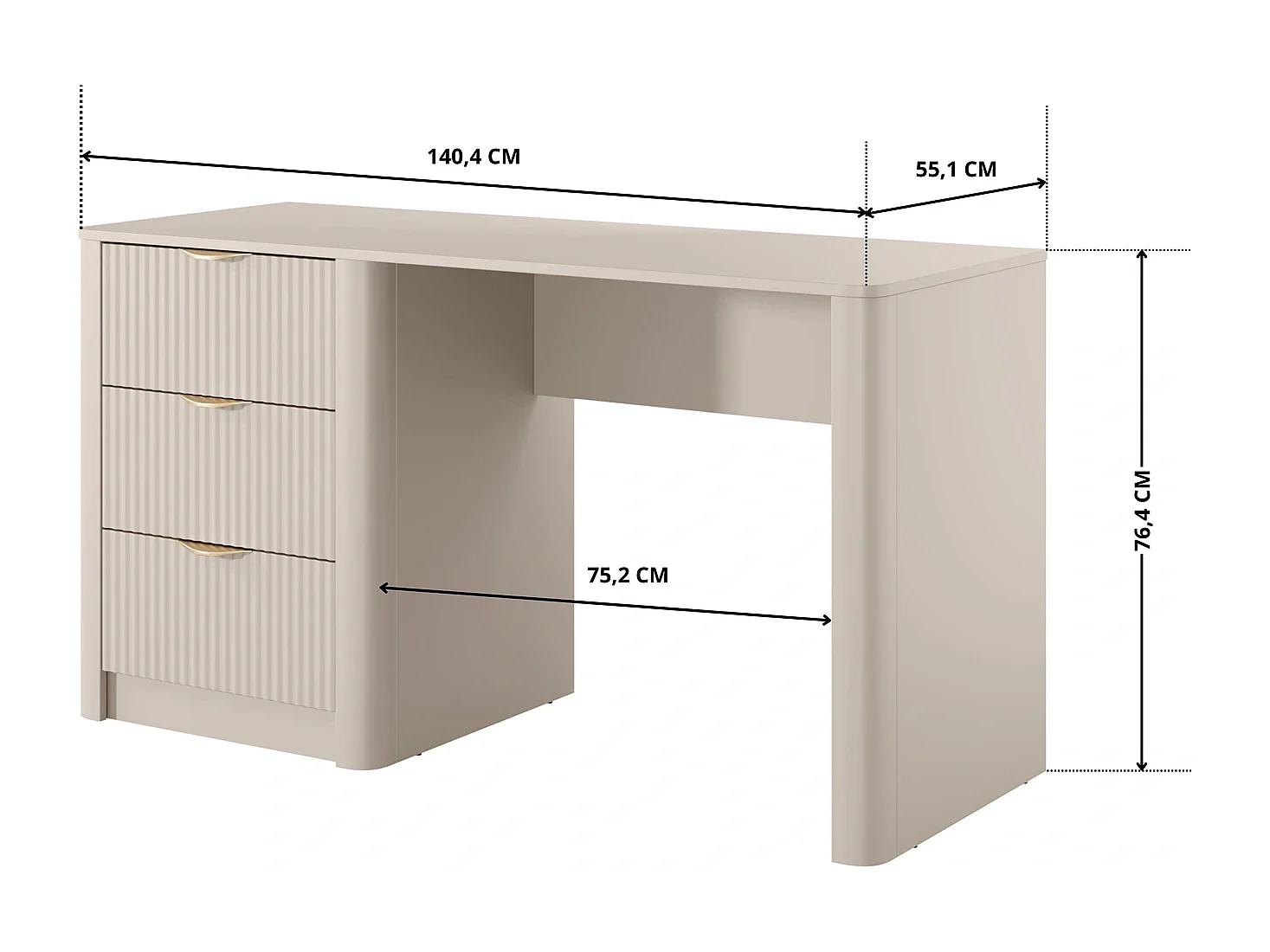 Bureau Flore met 3 Laden, Geroffelde Fronten en Gouden Details - Beige en Goud