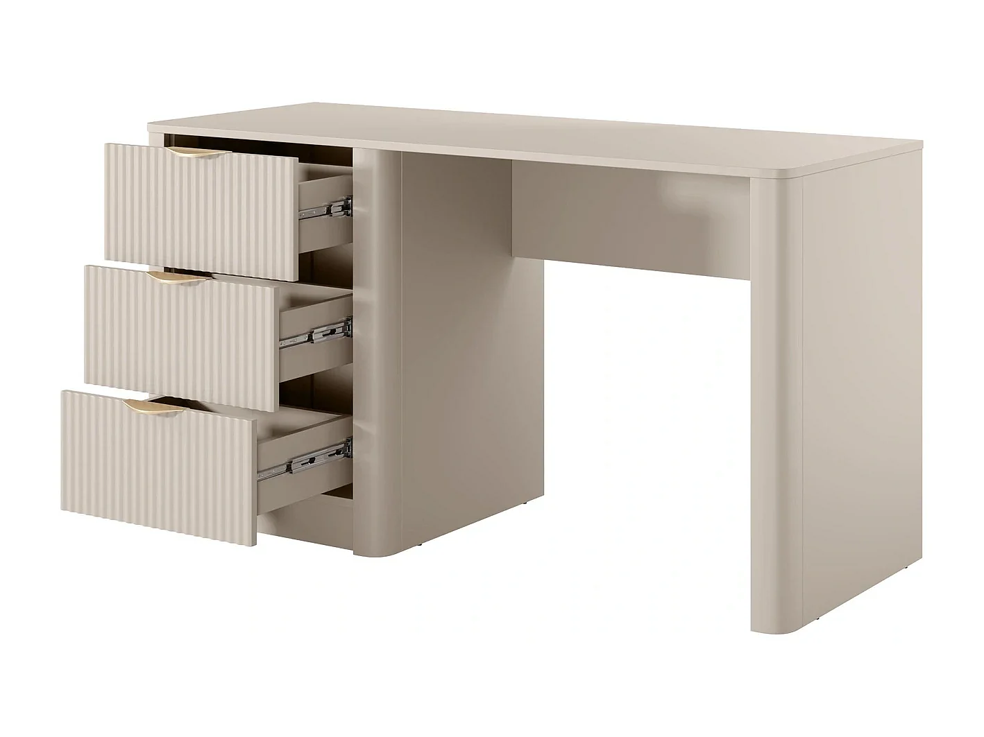 Bureau Flore met 3 Laden, Geroffelde Fronten en Gouden Details - Beige en Goud
