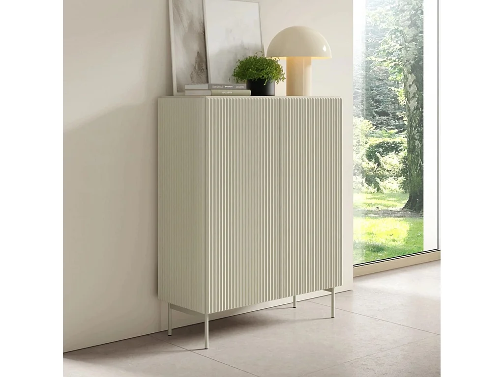 Commode haute / Highboard MUTI 99 cm - Cachemire, Façades nervurées et système Push to Open