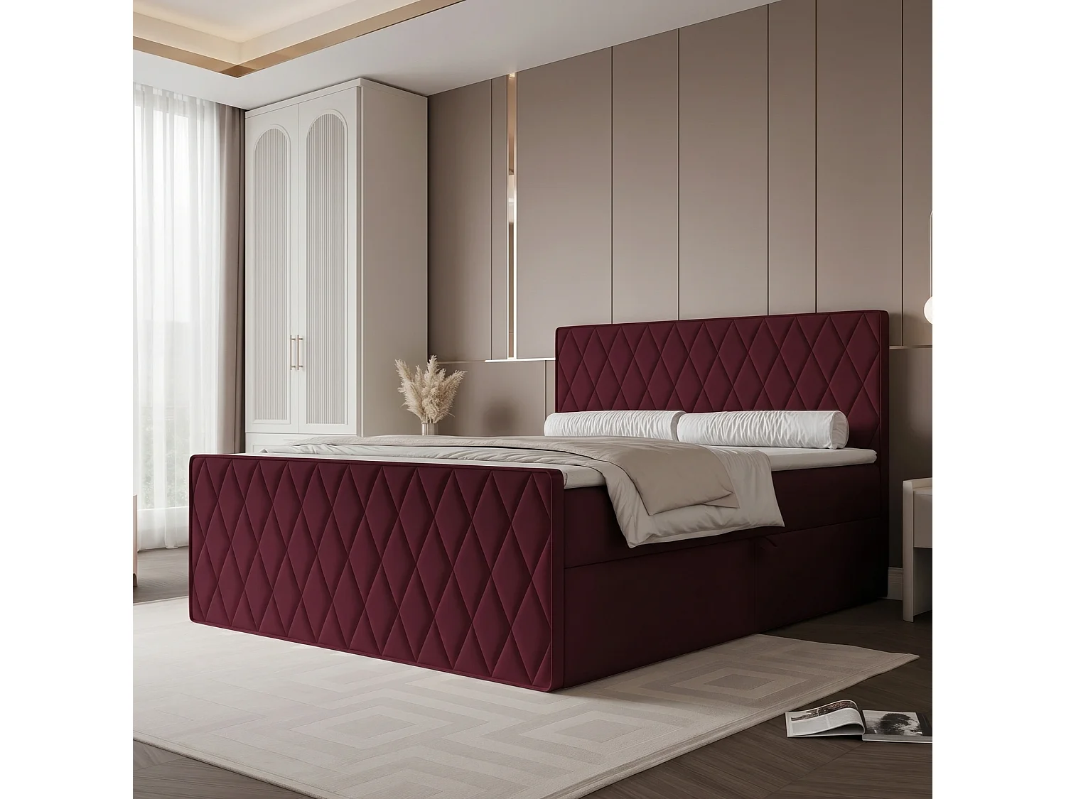 Lit Boxspring PONTI III 200x200 cm avec 2 Coffres, Matelas et Matelassage Losanges - Bordeaux (Velours)