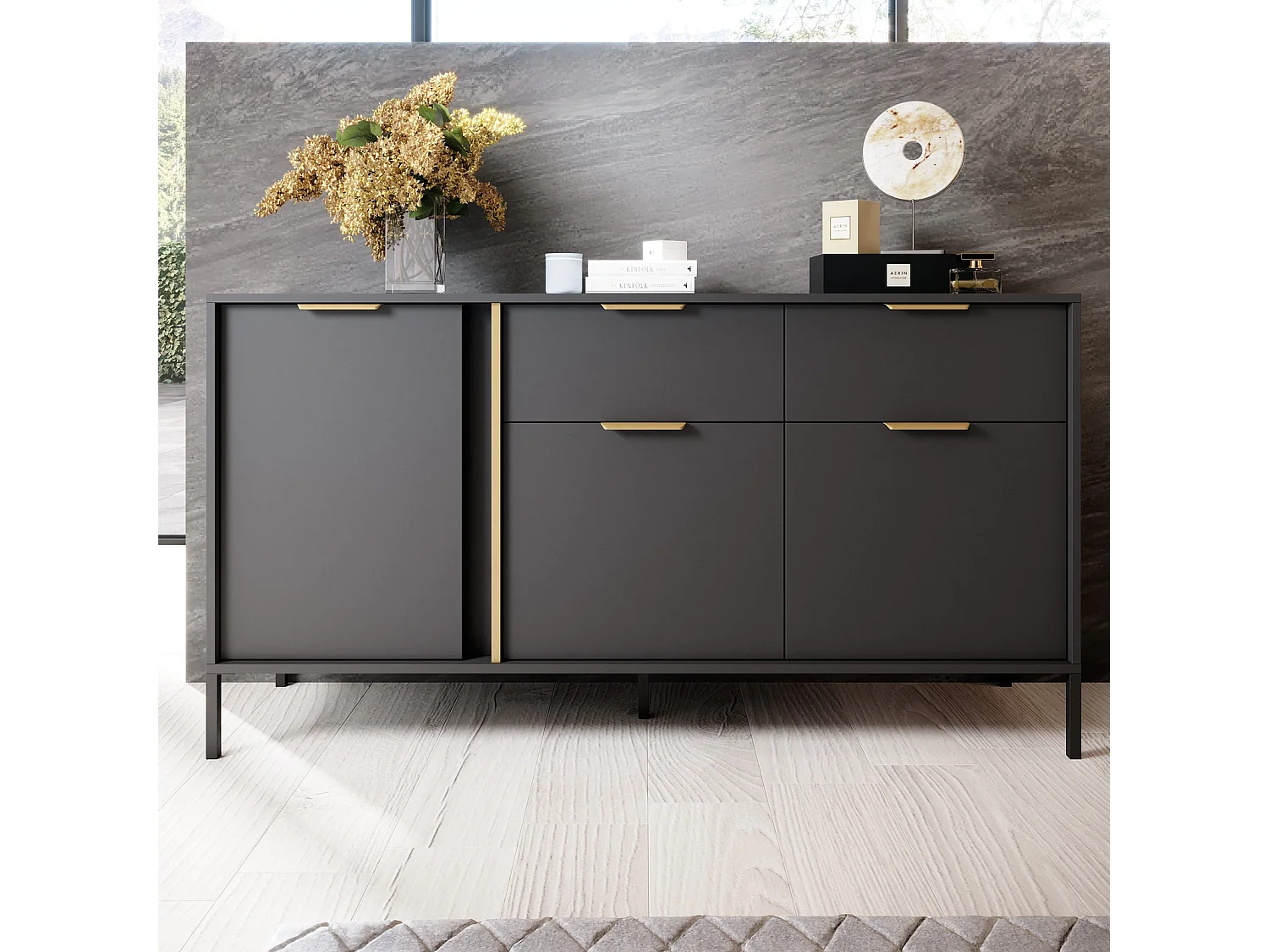 Dressoir Commode Valdi B 3 Deuren en 2 Laden met Gouden Details - Antraciet - 153 cm