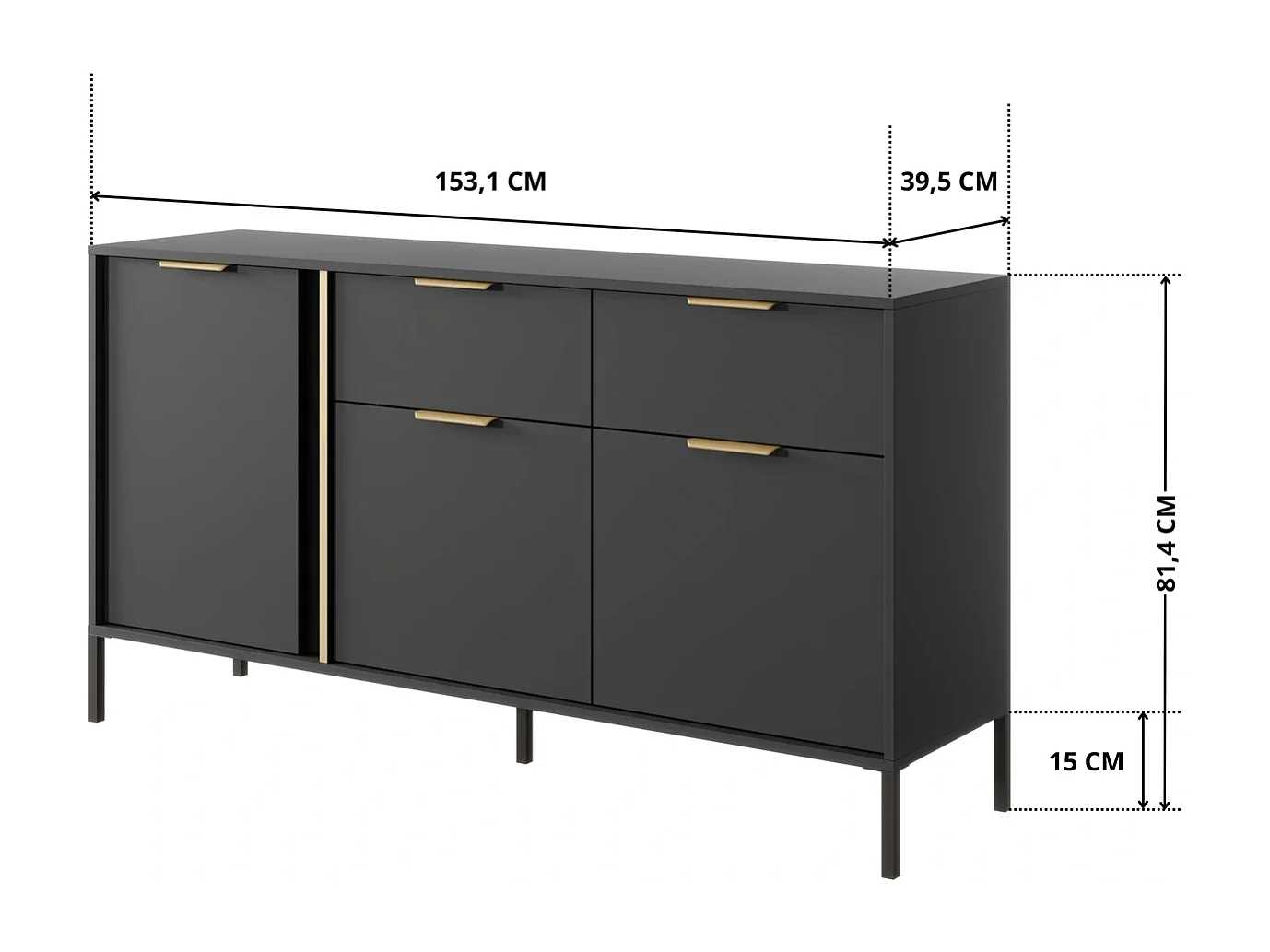 Dressoir Commode Valdi B 3 Deuren en 2 Laden met Gouden Details - Antraciet - 153 cm