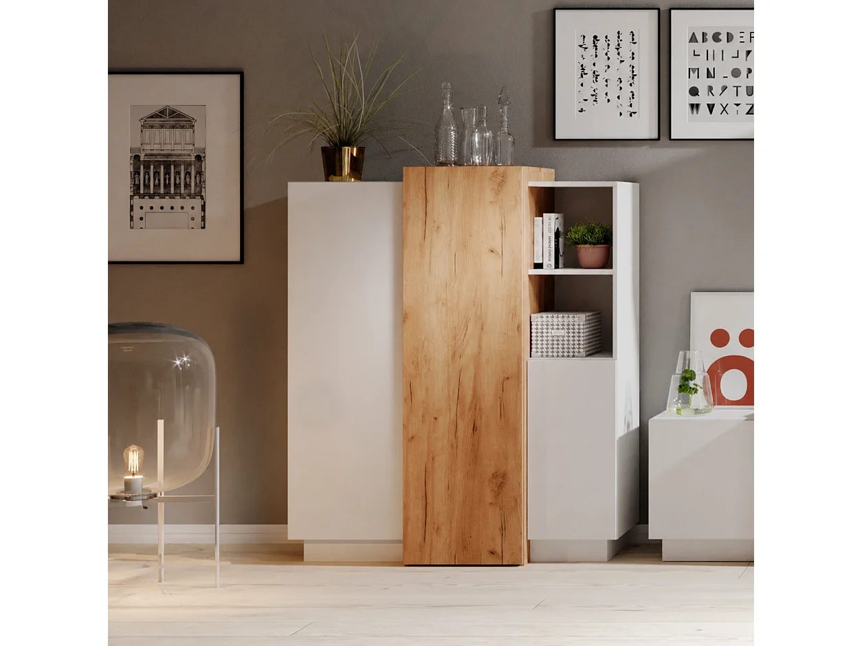 Hoge Commode Highboard Viano E 110 cm met 3 Deuren en 2 Open Vakken - Wit / Eiken Craft Goud