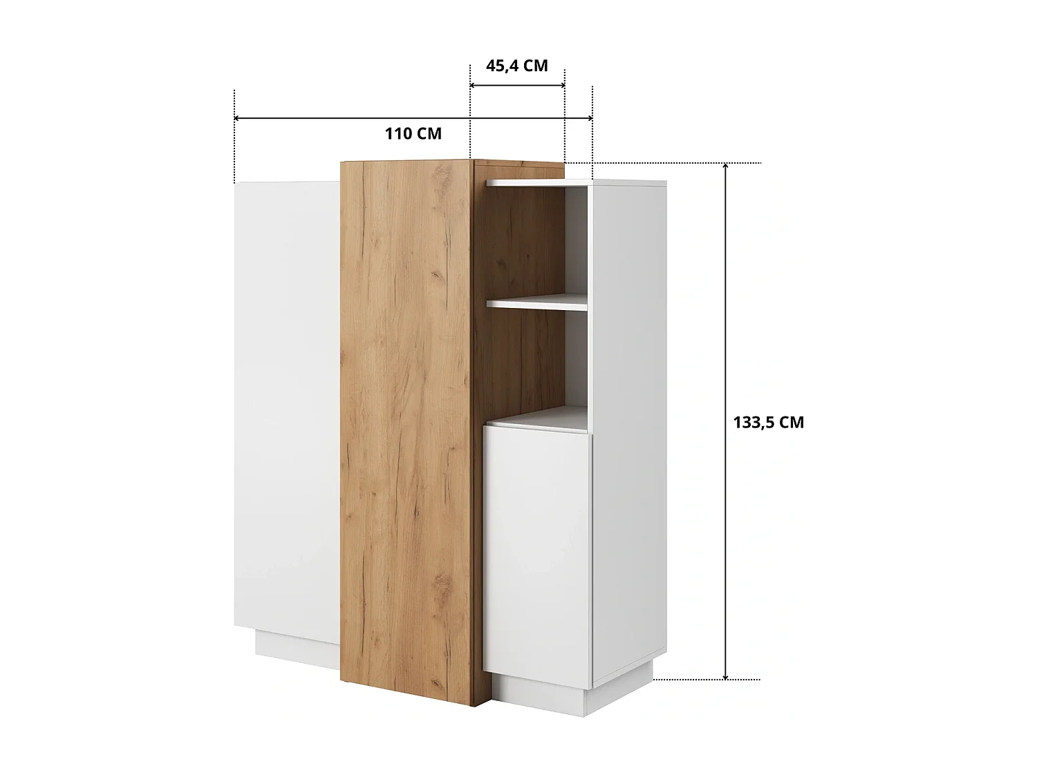 Hoge Commode Highboard Viano E 110 cm met 3 Deuren en 2 Open Vakken - Wit / Eiken Craft Goud
