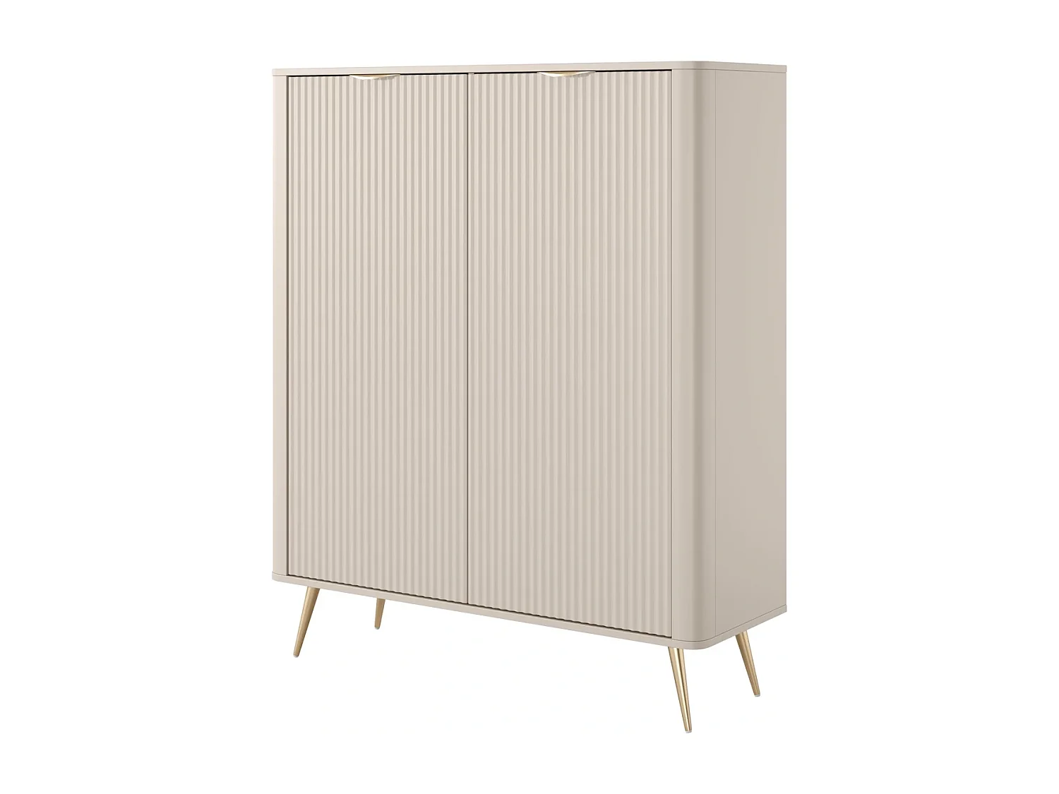 Commode Haute Flore avec Façades Cannelées et Pieds en Métal Doré - Beige et Or