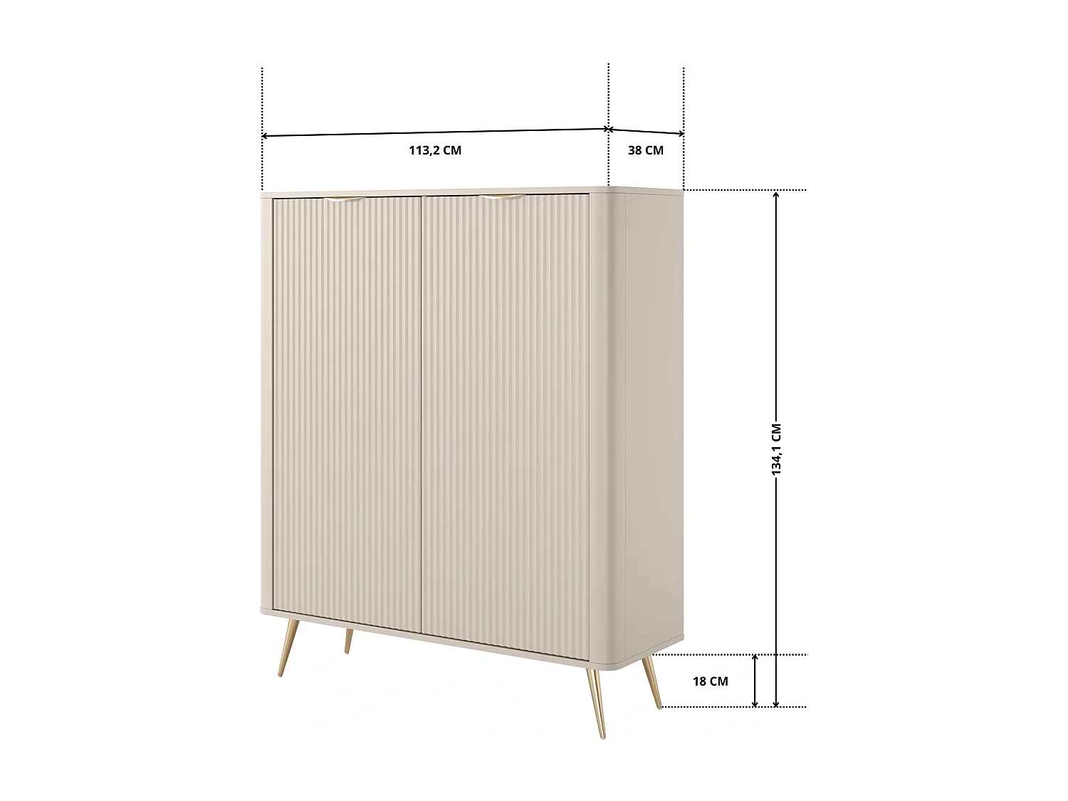 Commode Haute Flore avec Façades Cannelées et Pieds en Métal Doré - Beige et Or