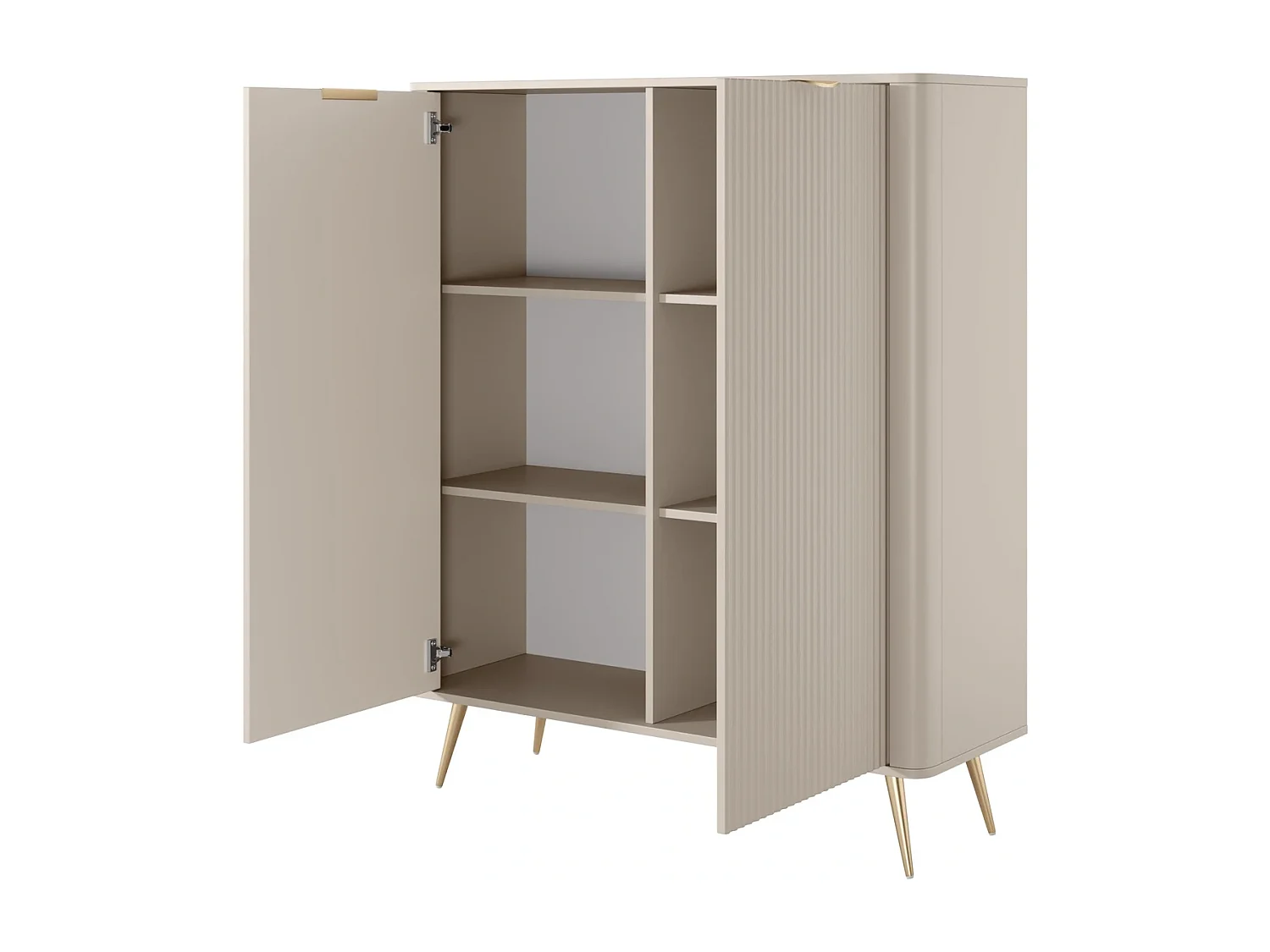 Commode Haute Flore avec Façades Cannelées et Pieds en Métal Doré - Beige et Or