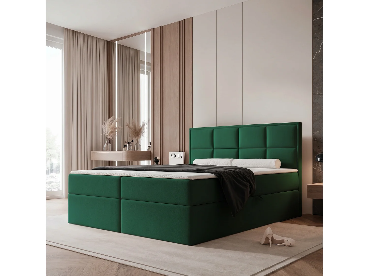Lit Boxspring 2 places TIOLI 180x200 cm avec Coffre, Matelas et Tête de Lit à Panneaux Verticaux - Vert Bouteille (Magic Velvet)
